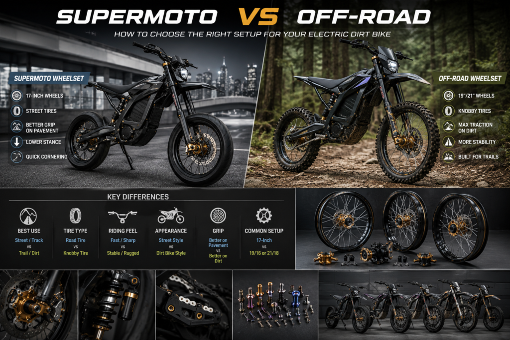 Side-by-side comparison of supermoto and off-road electric dirt bike wheelsets, showing street tires, knobby tires, CNC hubs, spokes, and different riding setups for urban and trail use.