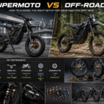 Side-by-side comparison of supermoto and off-road electric dirt bike wheelsets, showing street tires, knobby tires, CNC hubs, spokes, and different riding setups for urban and trail use.